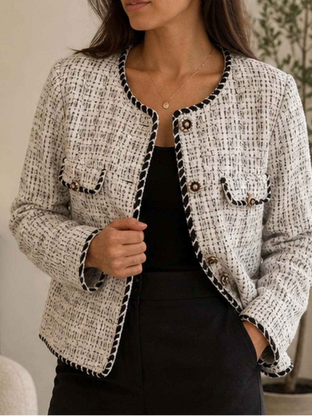 POL Textured Tweed Button Jacket - White with Black Trim